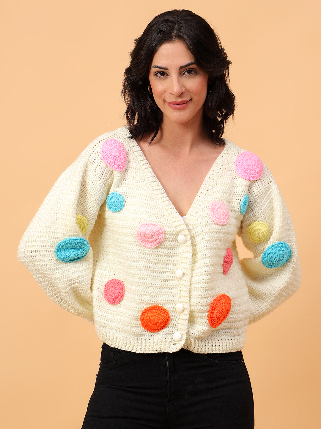 Velvery Crochet Off white Polka Dot Design  V-Neck Cardigan