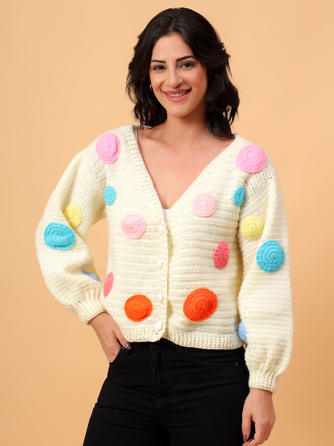 Velvery Crochet Off white Polka Dot Design  V-Neck Cardigan