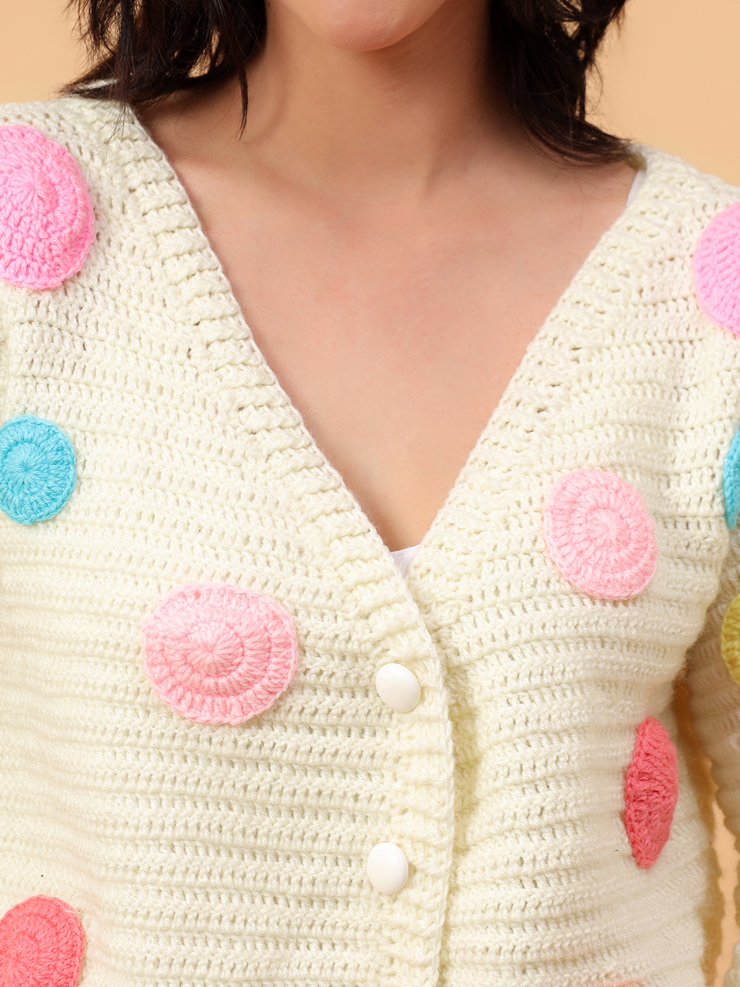 Velvery Crochet Off white Polka Dot Design  V-Neck Cardigan