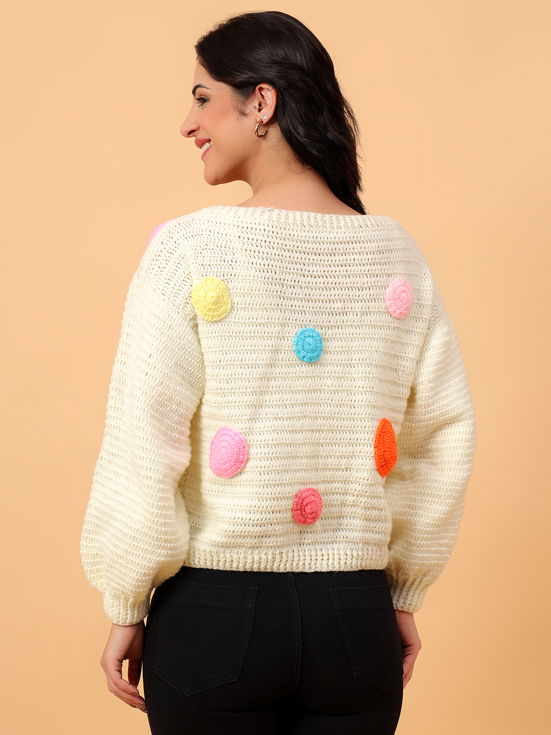 Velvery Crochet Off white Polka Dot Design  V-Neck Cardigan