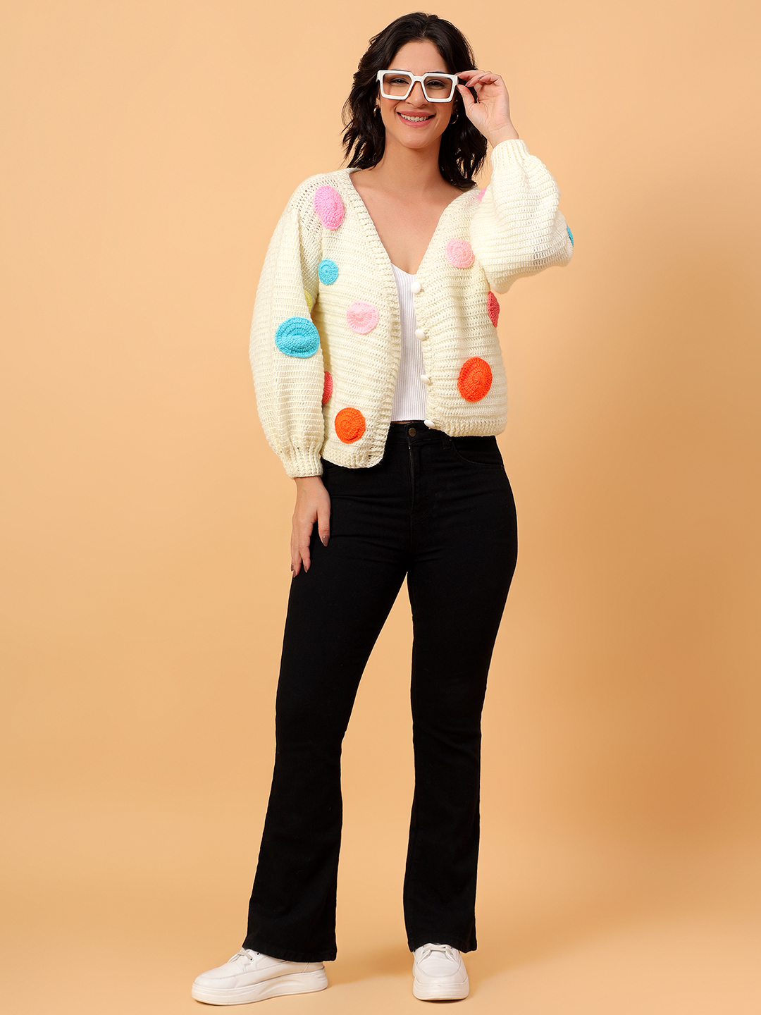 Velvery Crochet Off white Polka Dot Design  V-Neck Cardigan