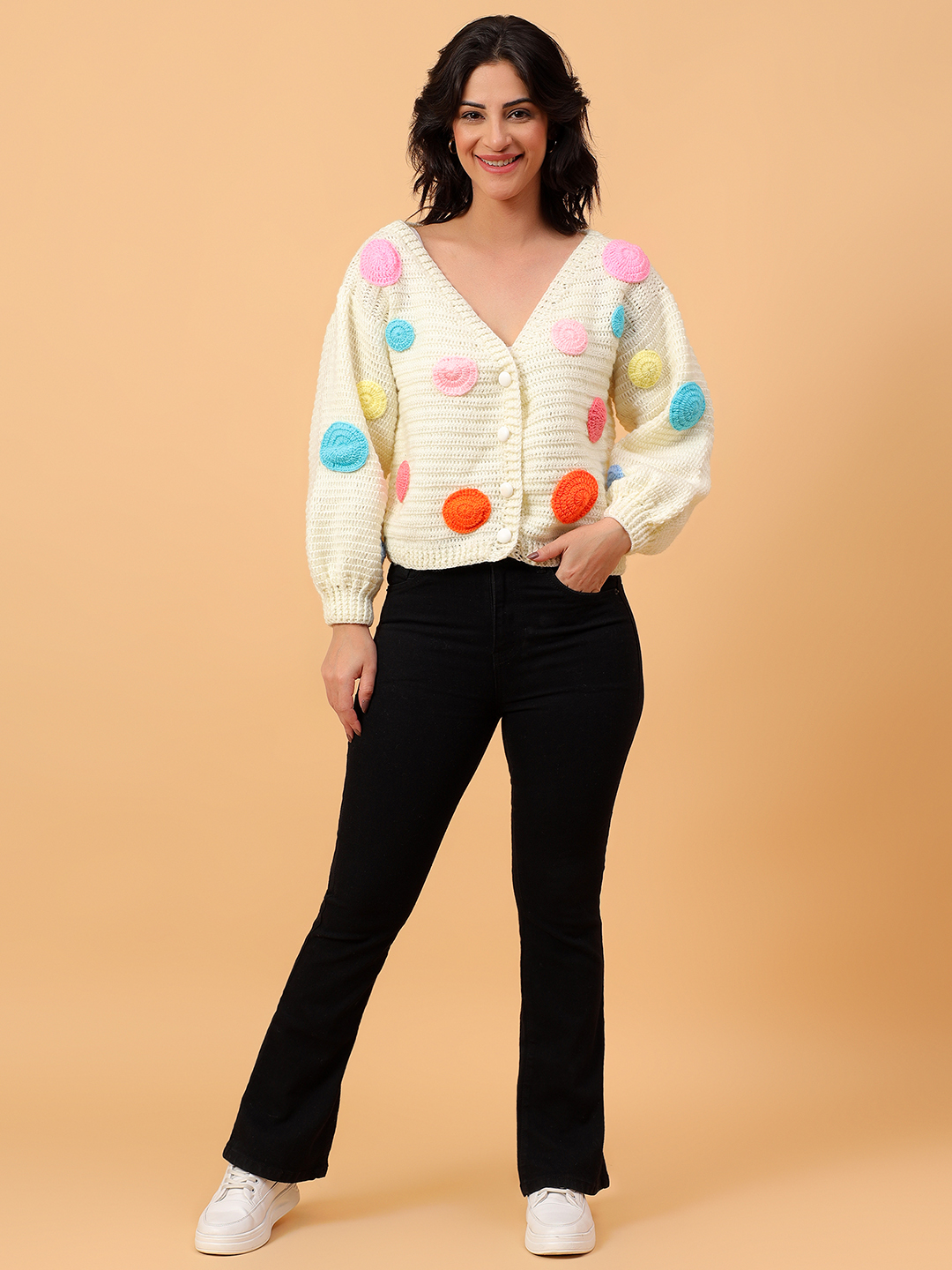 Velvery Crochet Off white Polka Dot Design  V-Neck Cardigan