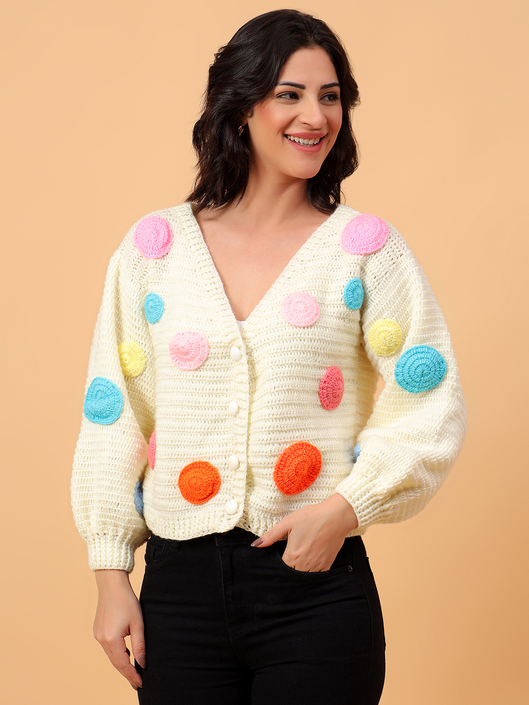 Velvery Crochet Off white Polka Dot Design  V-Neck Cardigan