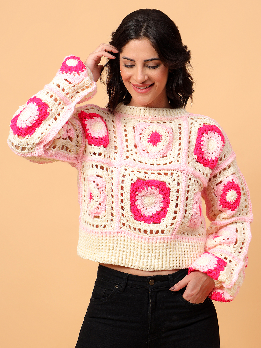 Velvery Ribbed Textured Pink Pullover
