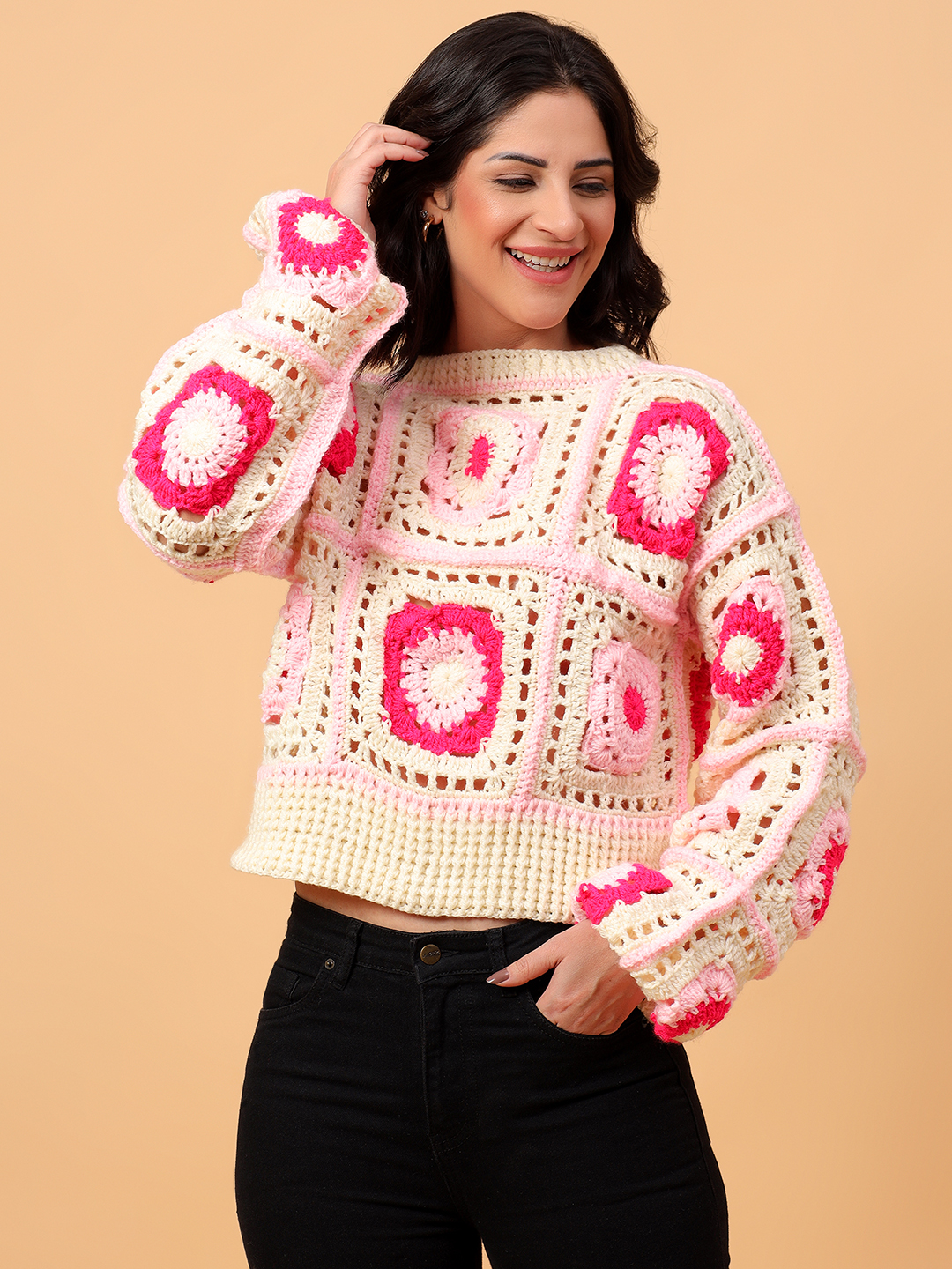 Velvery Ribbed Textured Pink Pullover