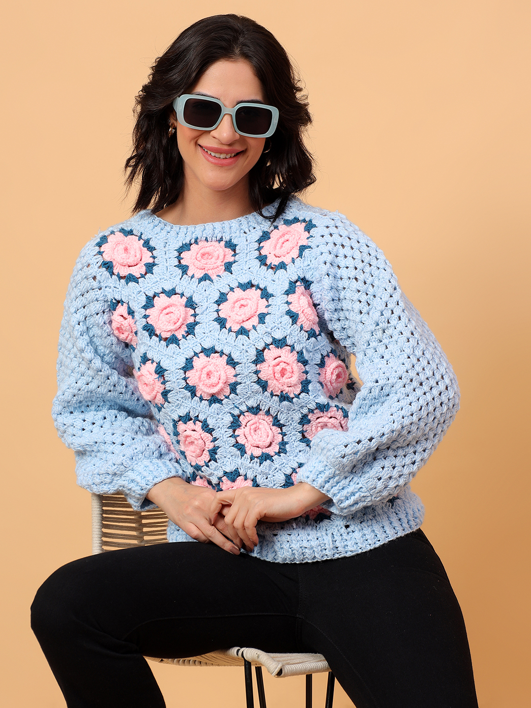 Velvery 3D Pink Rose Crochet Pullover
