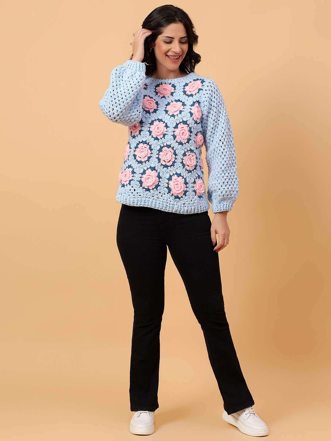 Velvery 3D Pink Rose Crochet Pullover