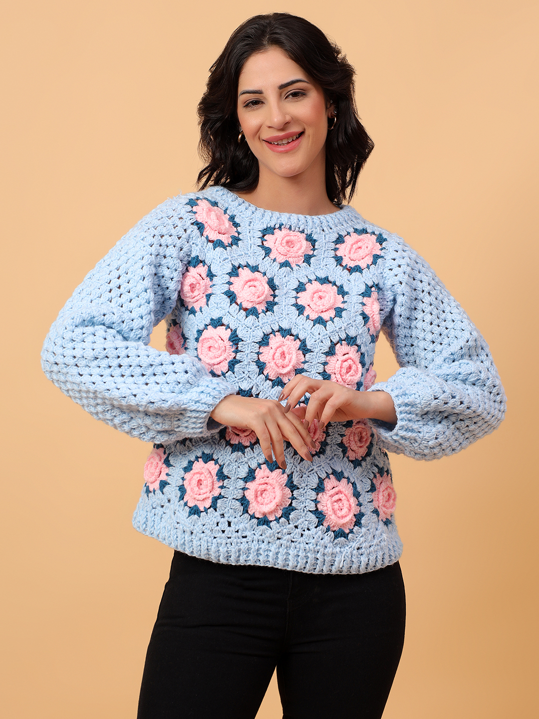 Velvery 3D Pink Rose Crochet Pullover