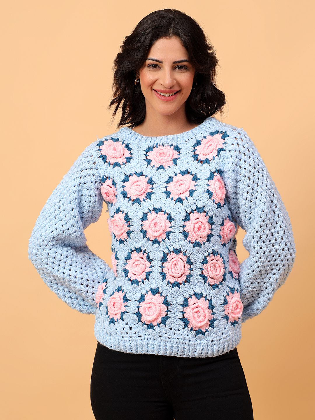 Velvery 3D Pink Rose Crochet Pullover