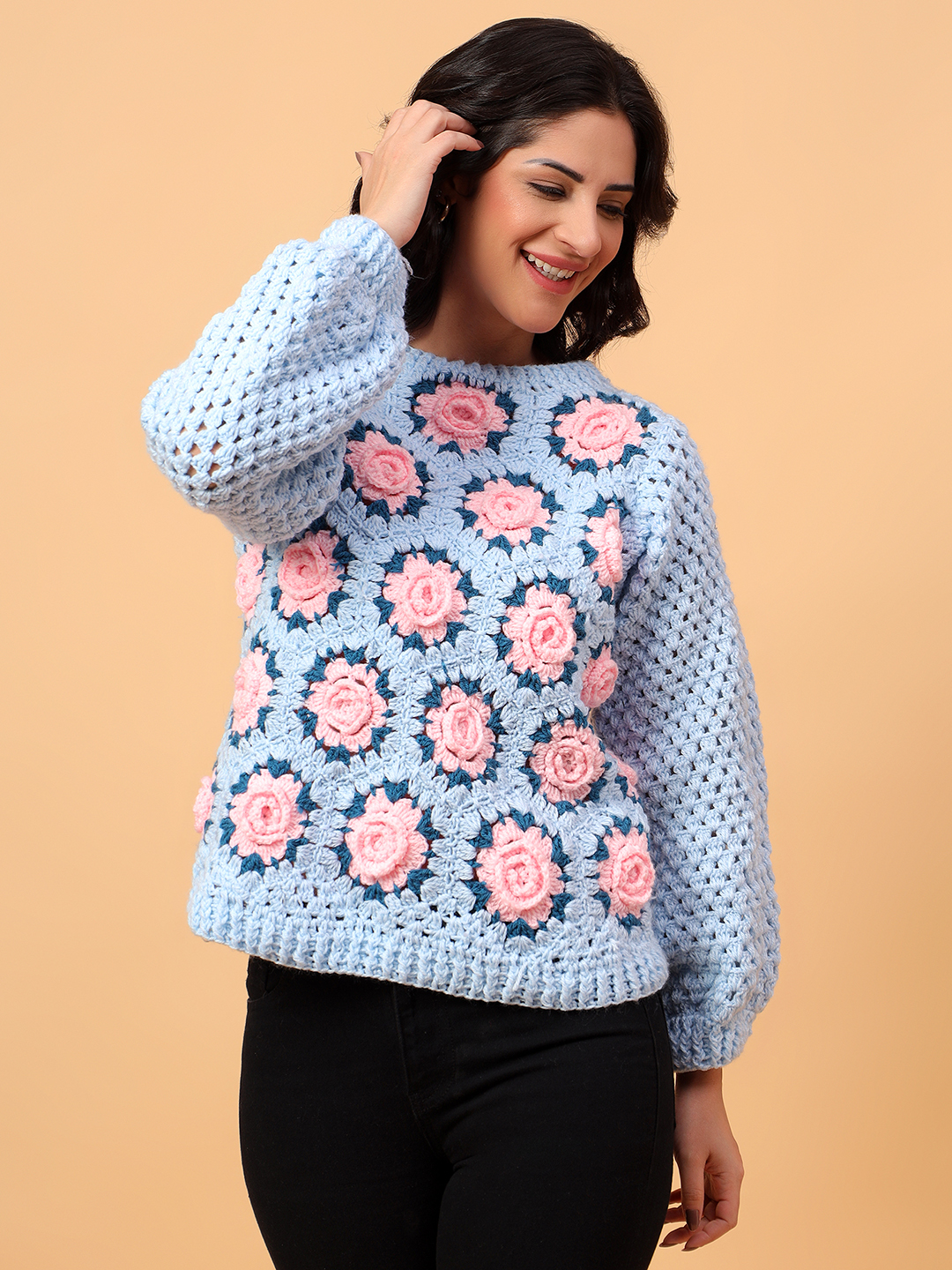 Velvery 3D Pink Rose Crochet Pullover