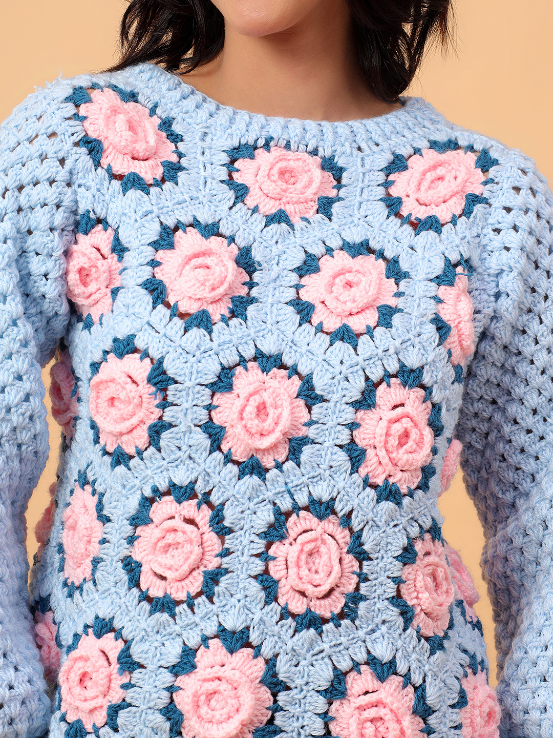 Velvery 3D Pink Rose Crochet Pullover