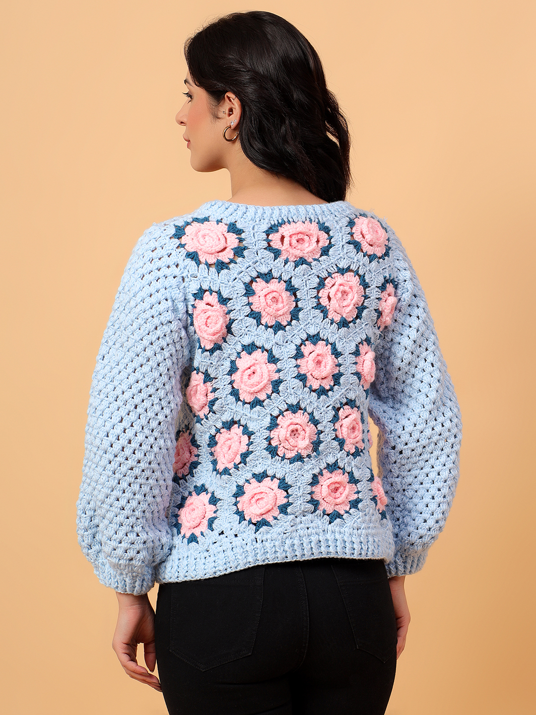 Velvery 3D Pink Rose Crochet Pullover