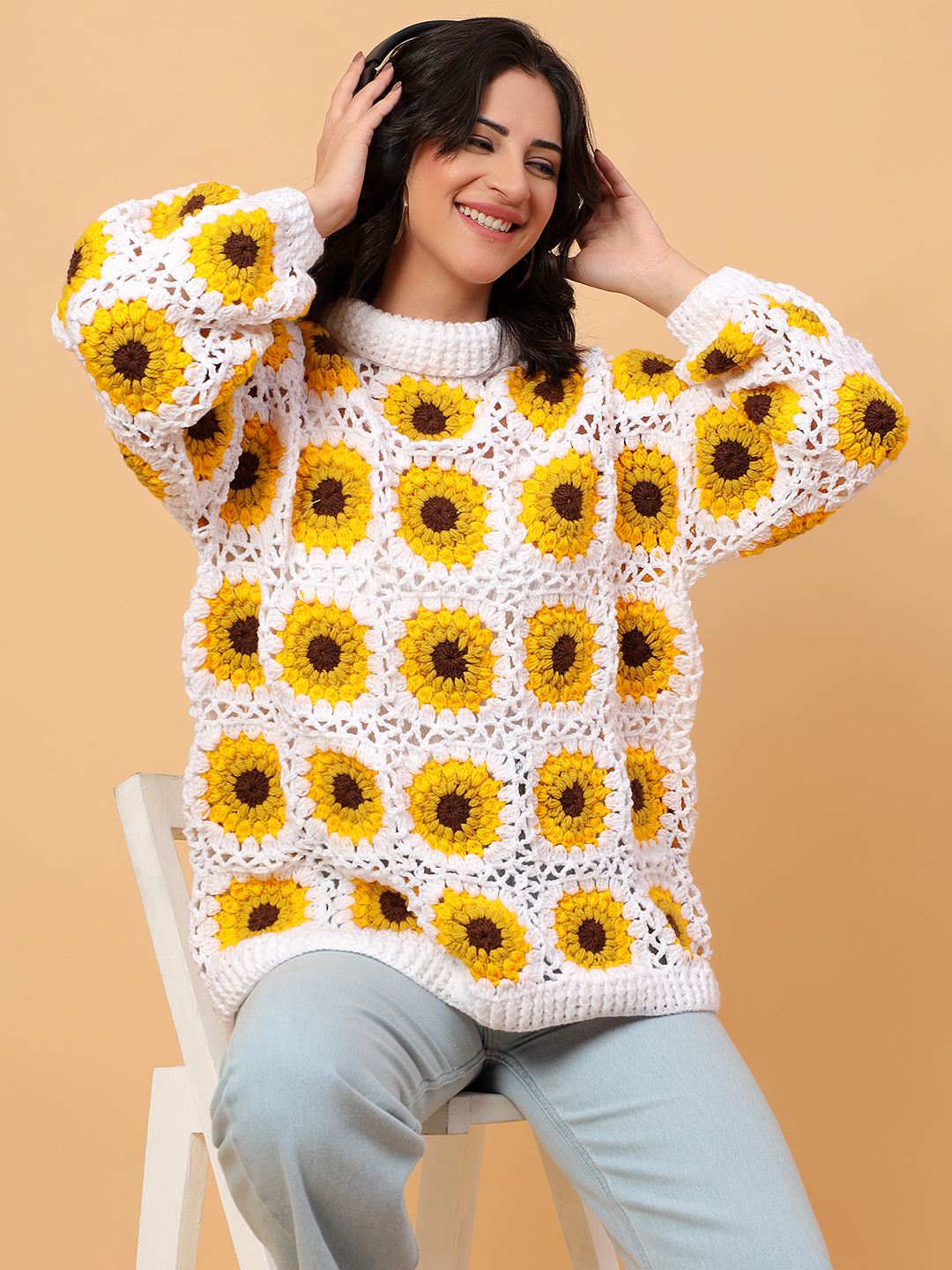 Velvery Sunflower Crochet Polo Neck Long White Sweater