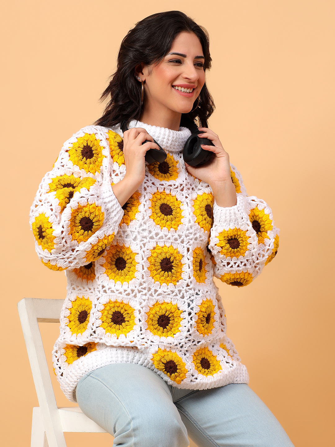 Velvery Sunflower Crochet Polo Neck Long White Sweater