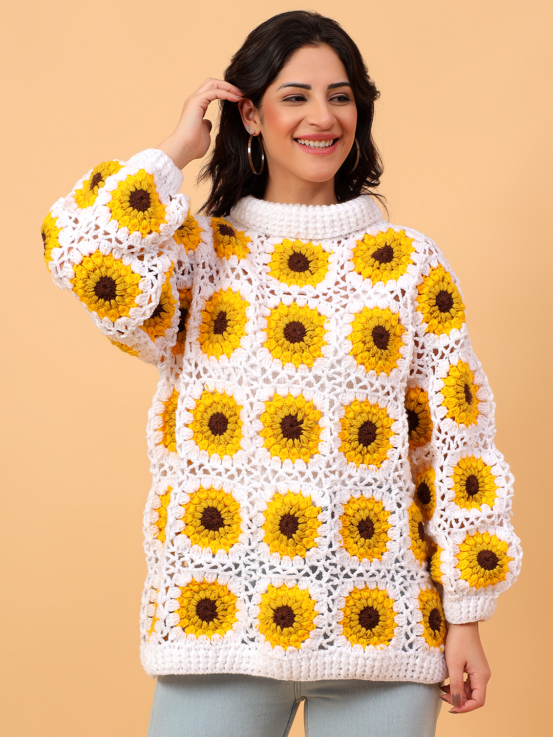 Velvery Sunflower Crochet Polo Neck Long White Sweater