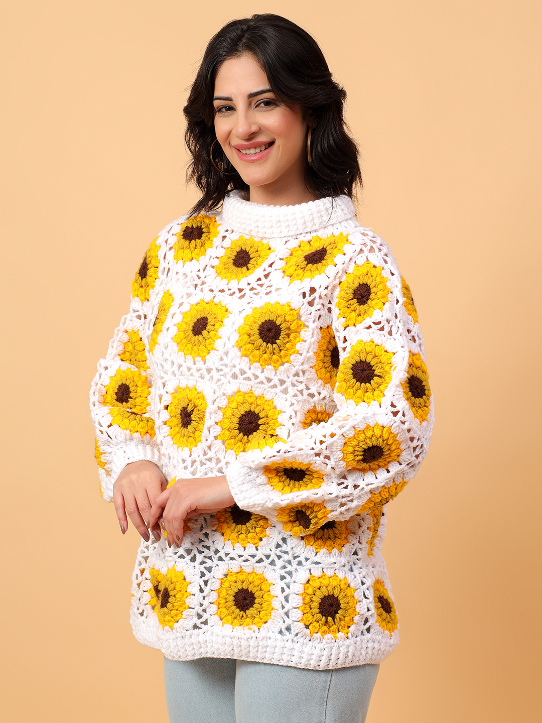 Velvery Sunflower Crochet Polo Neck Long White Sweater