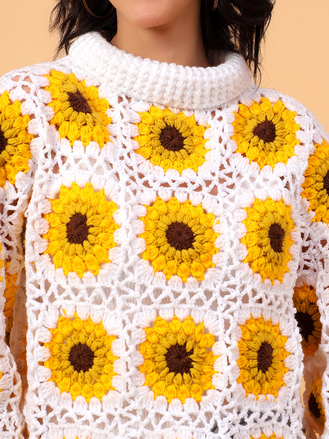 Velvery Sunflower Crochet Polo Neck Long White Sweater