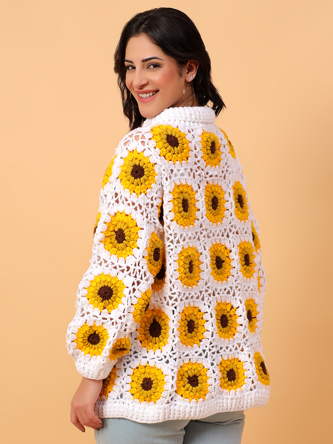 Velvery Sunflower Crochet Polo Neck Long White Sweater