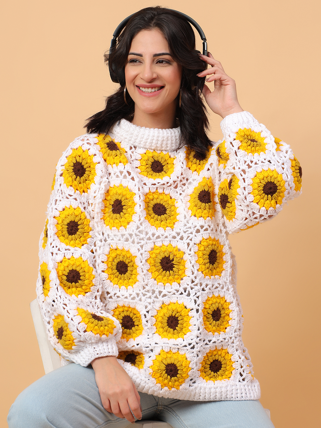 Velvery Sunflower Crochet Polo Neck Long White Sweater