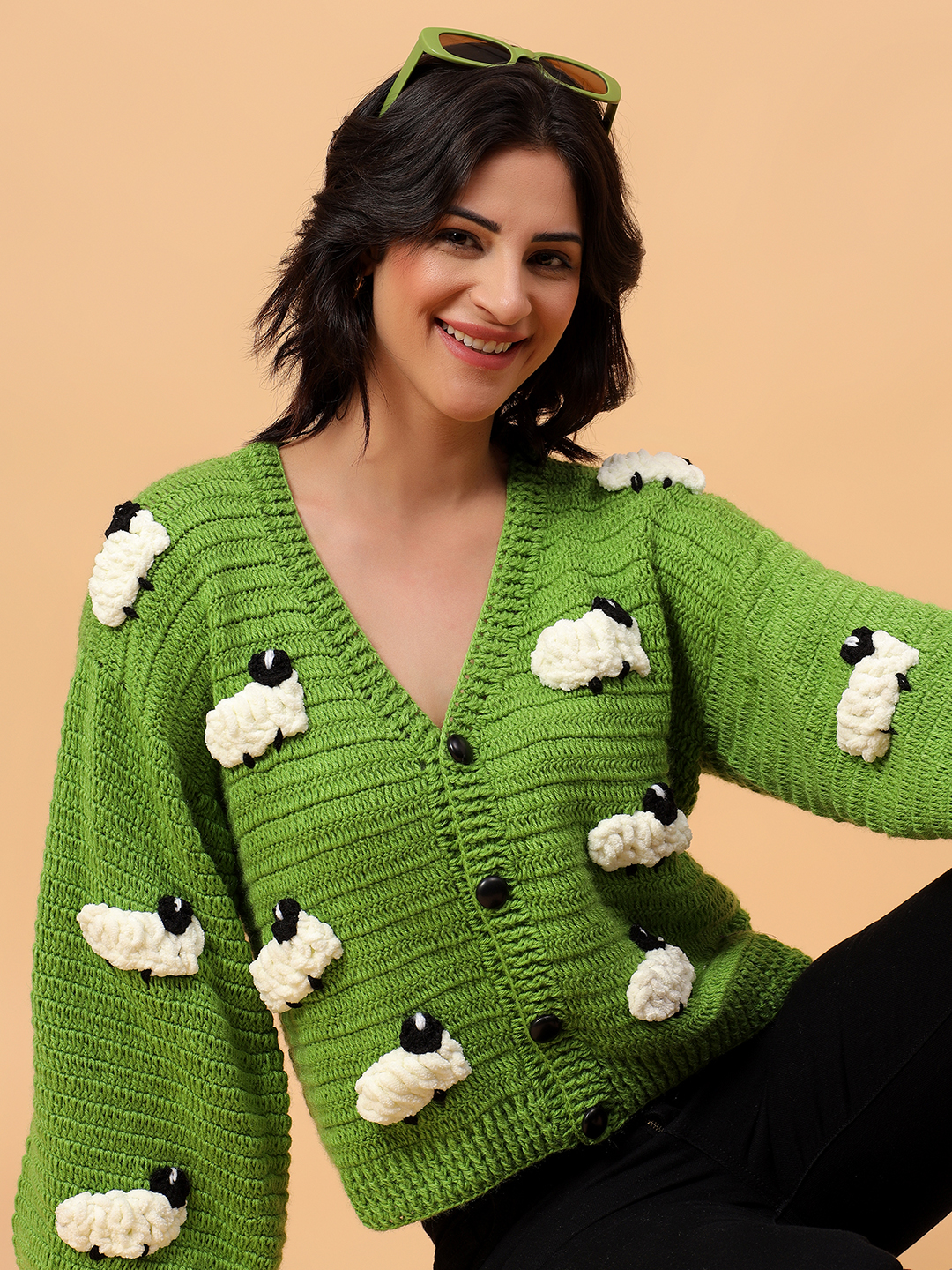 Velvery 3D Embroidery Knit Cardigan - Green