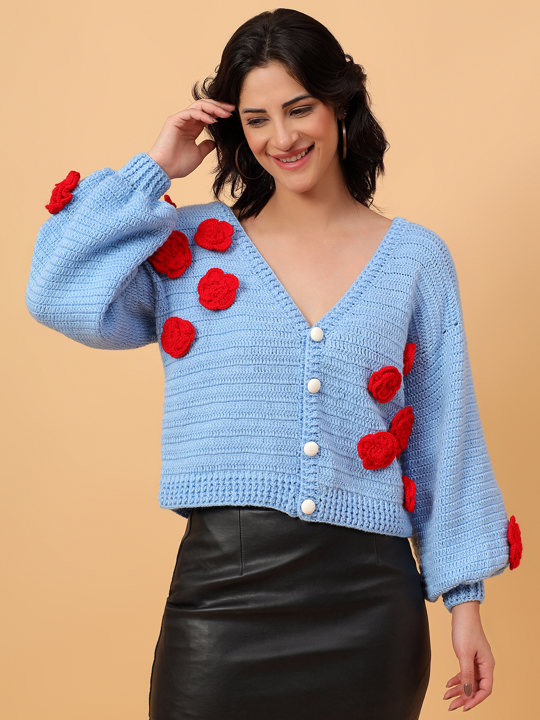 ColorBlock Buttoned Rose Cardigan