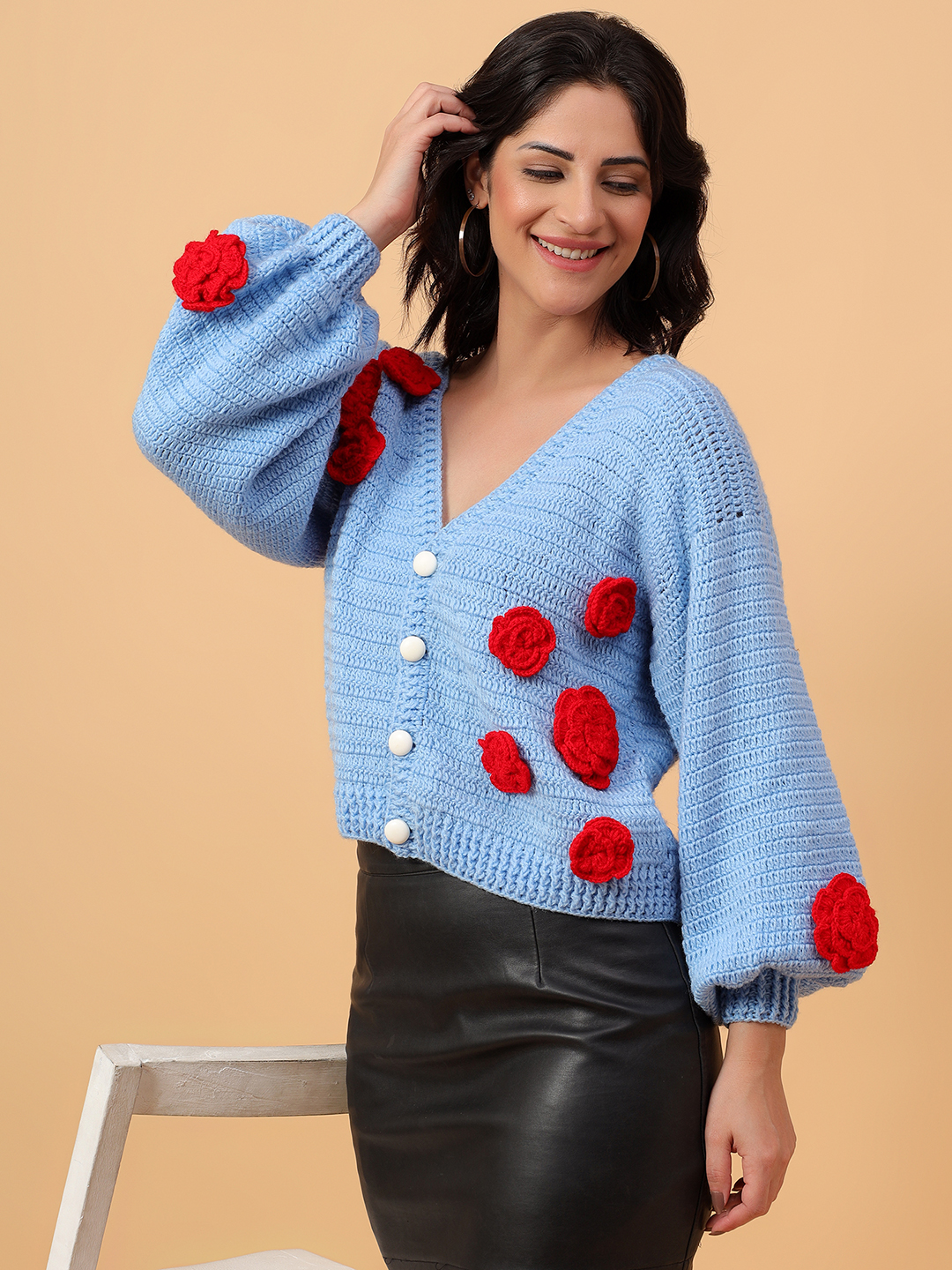ColorBlock Buttoned Rose Cardigan