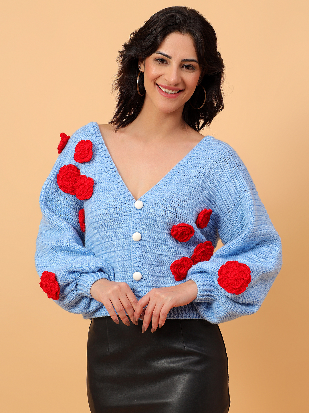 ColorBlock Buttoned Rose Cardigan