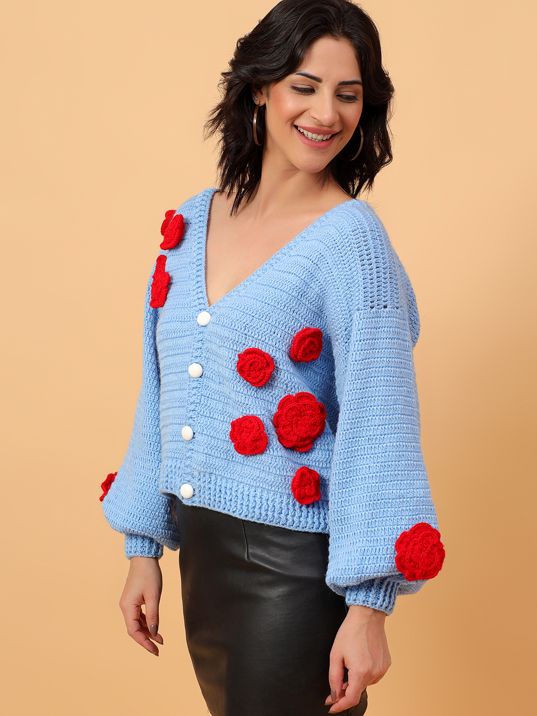 ColorBlock Buttoned Rose Cardigan