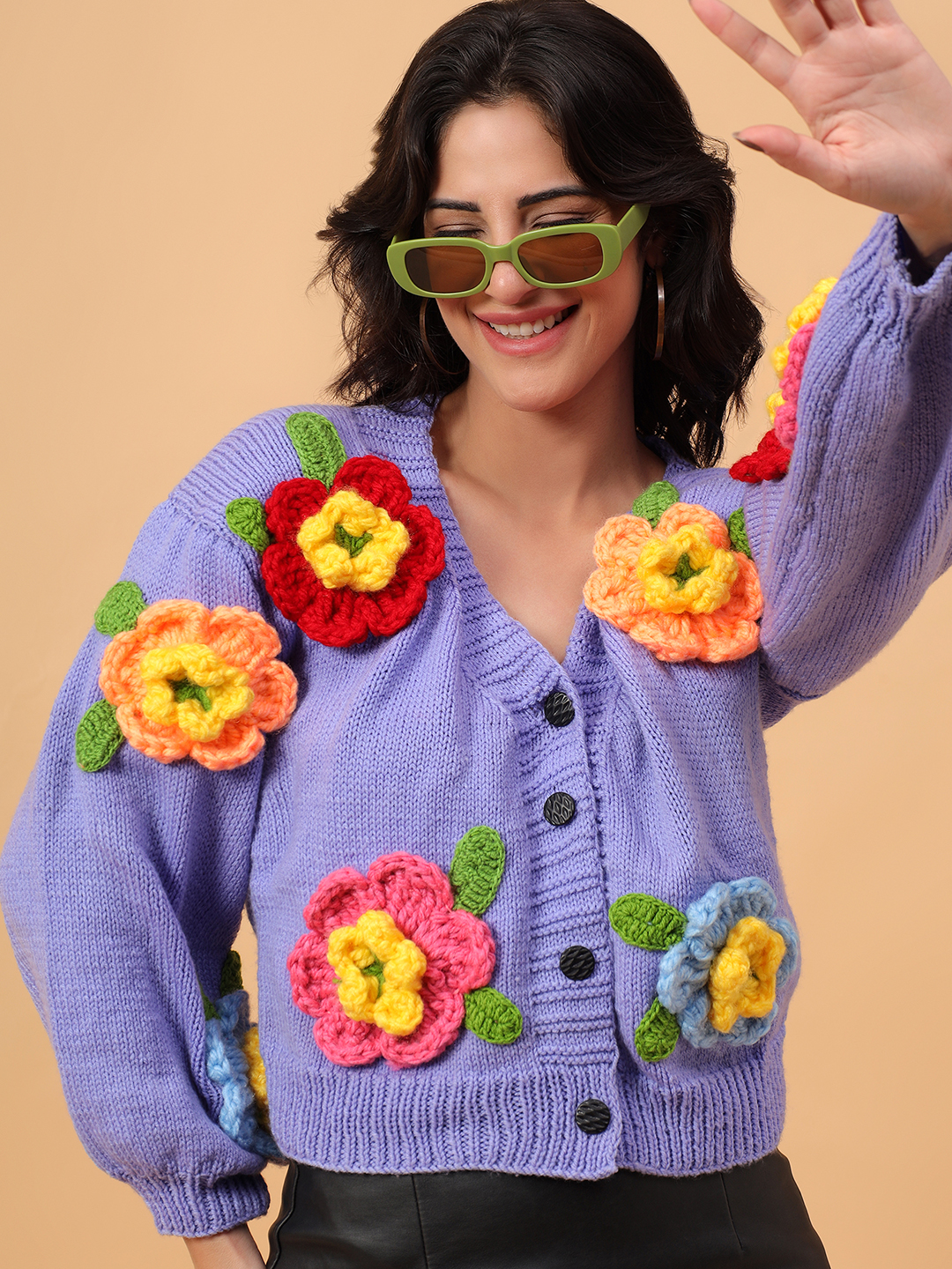 Big 3D Floral Oversized V-Neck Cardigan - Lavender