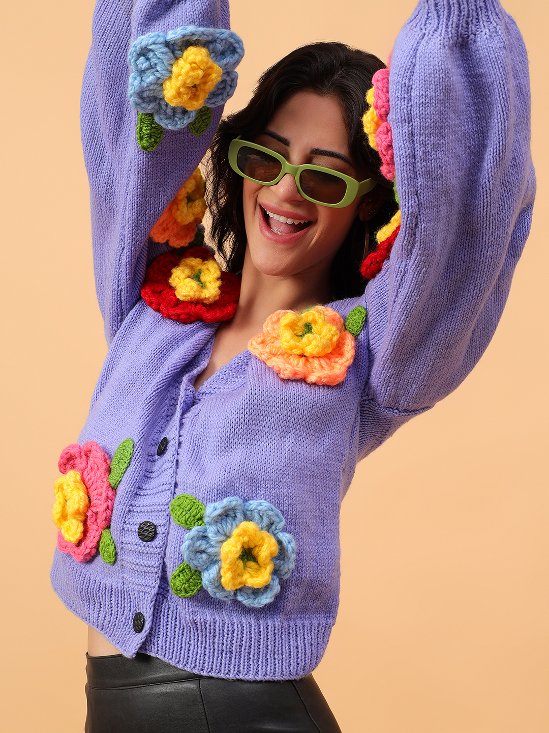 Big 3D Floral Oversized V-Neck Cardigan - Lavender