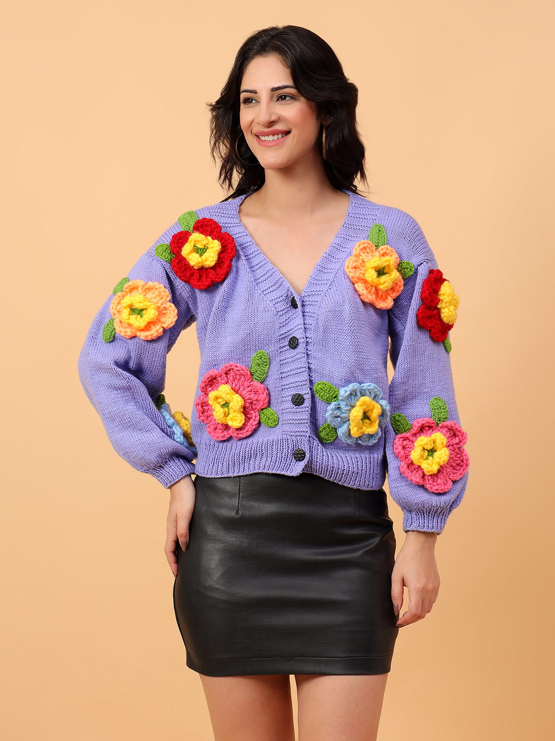 Big 3D Floral Oversized V-Neck Cardigan - Lavender