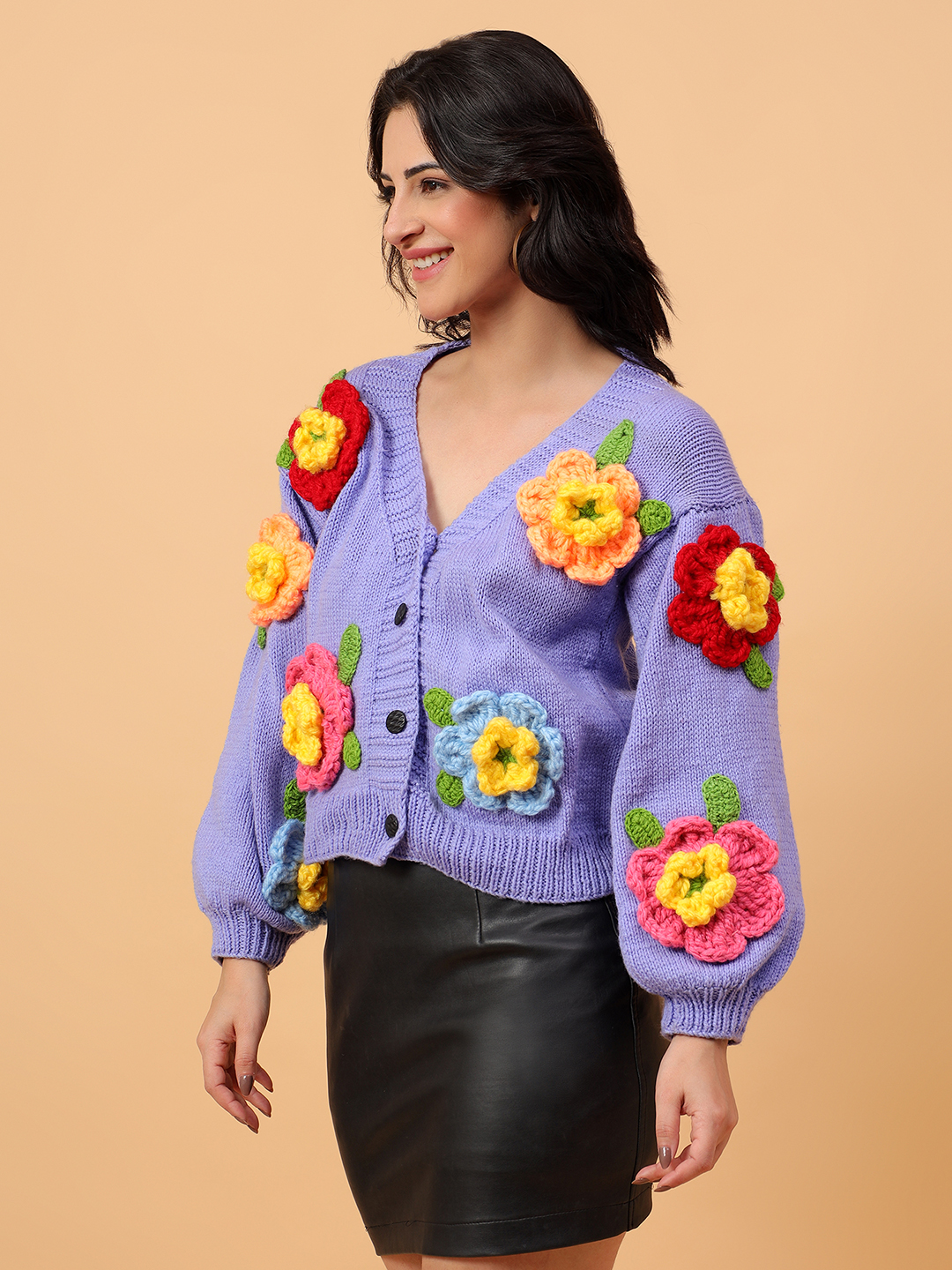 Big 3D Floral Oversized V-Neck Cardigan - Lavender