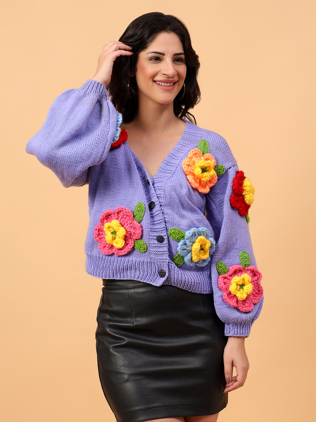 Big 3D Floral Oversized V-Neck Cardigan - Lavender