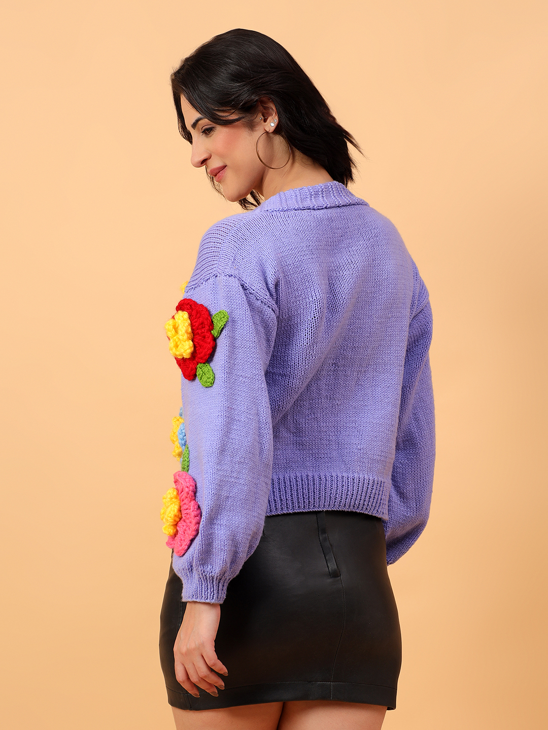 Big 3D Floral Oversized V-Neck Cardigan - Lavender