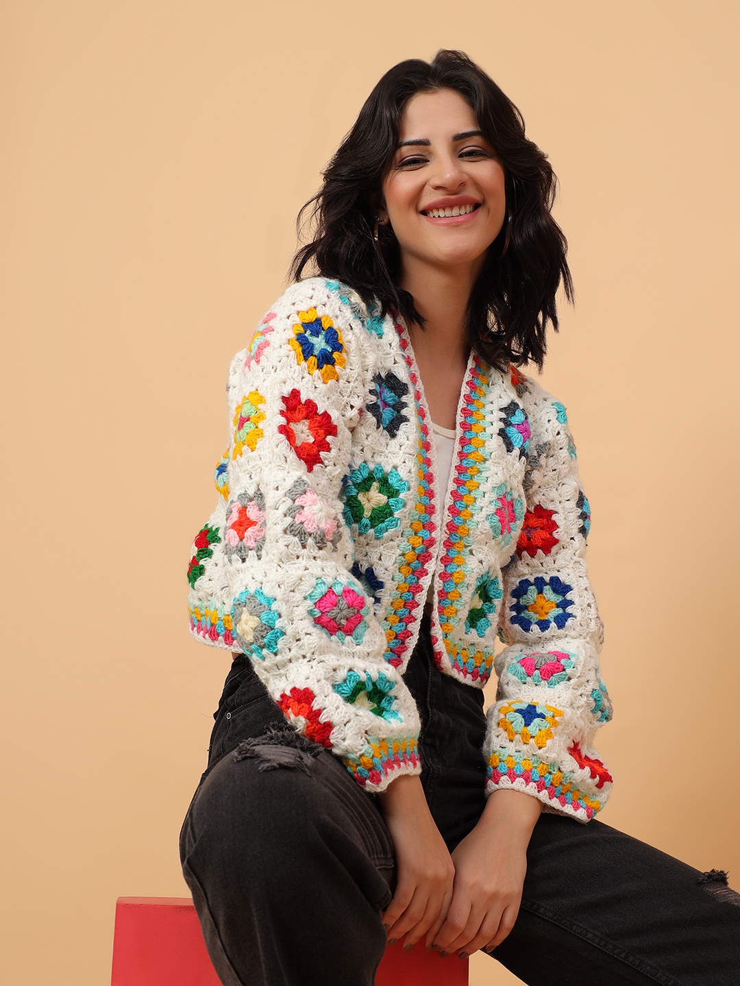 Crochet Floral Crop Cardigan - Cream