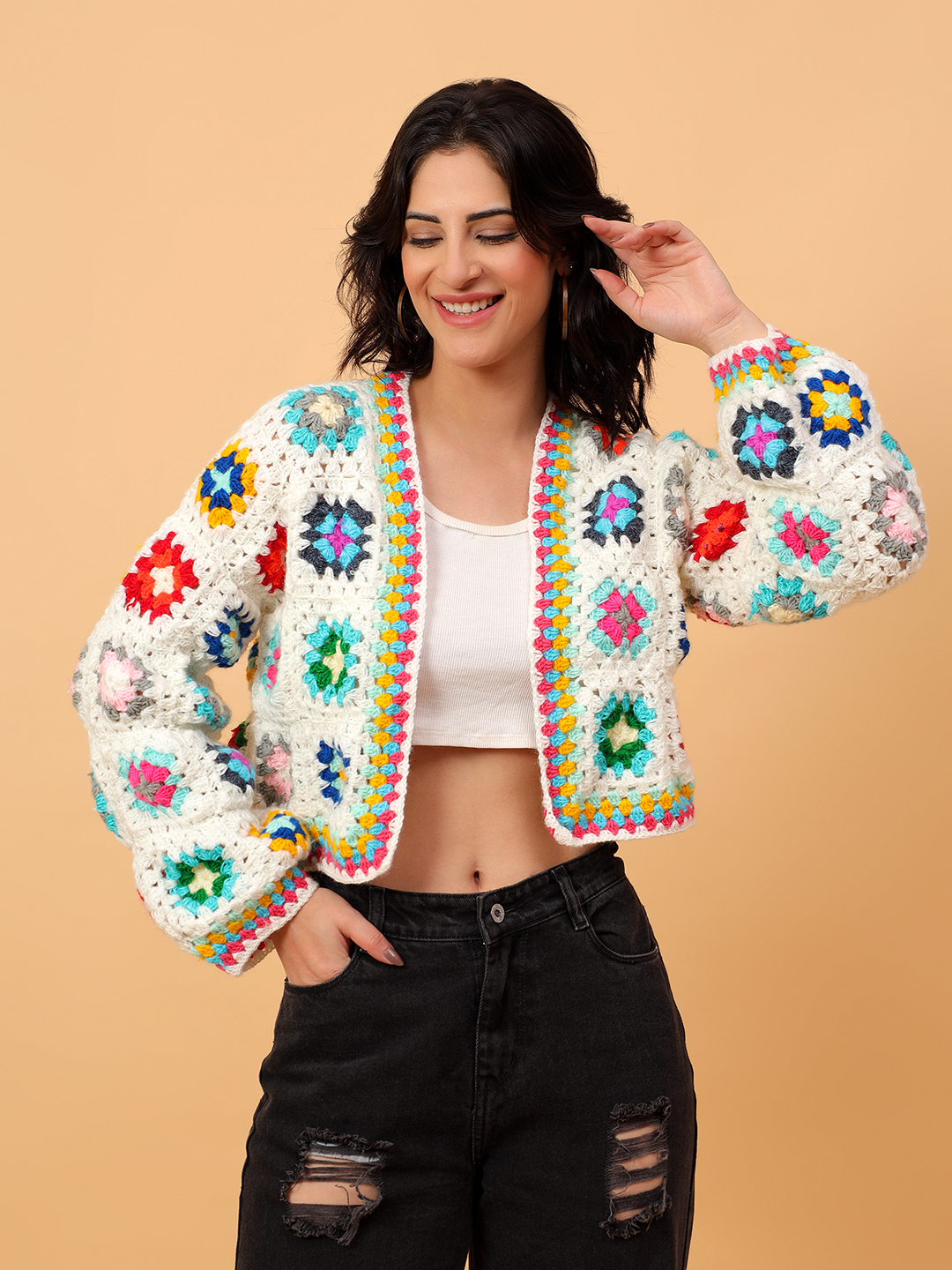 Crochet Floral Crop Cardigan - Cream