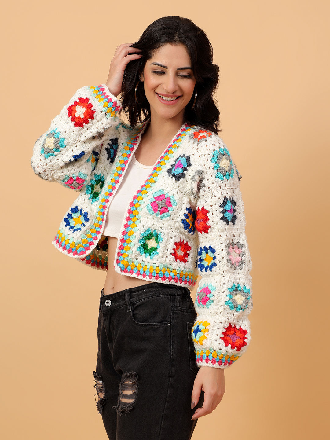 Crochet Floral Crop Cardigan - Cream