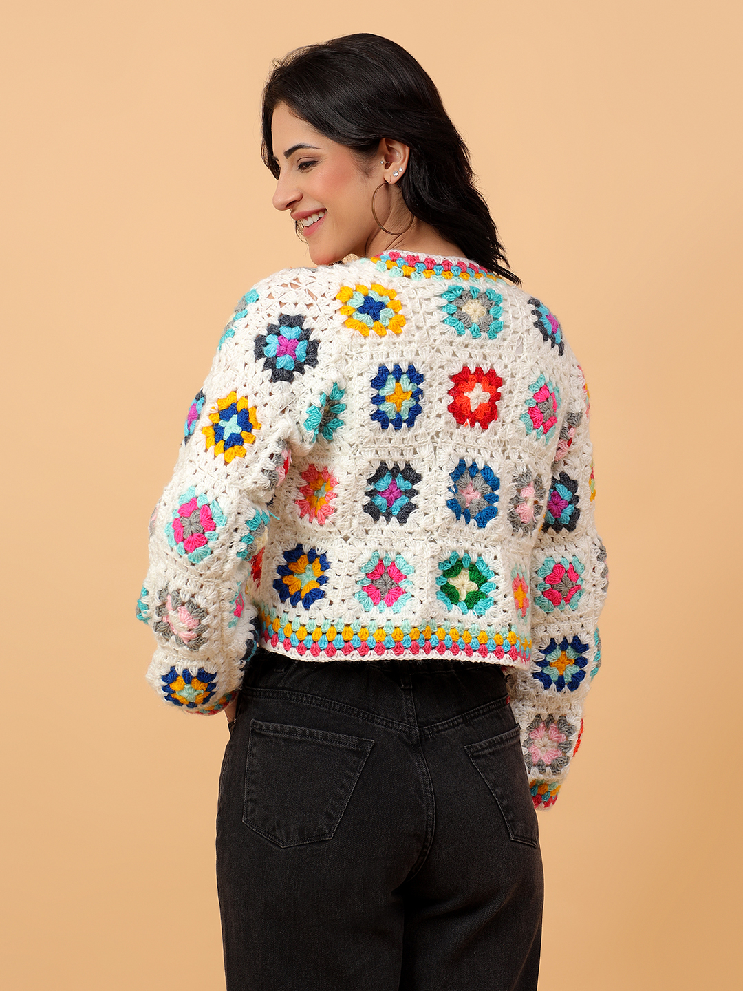 Crochet Floral Crop Cardigan - Cream