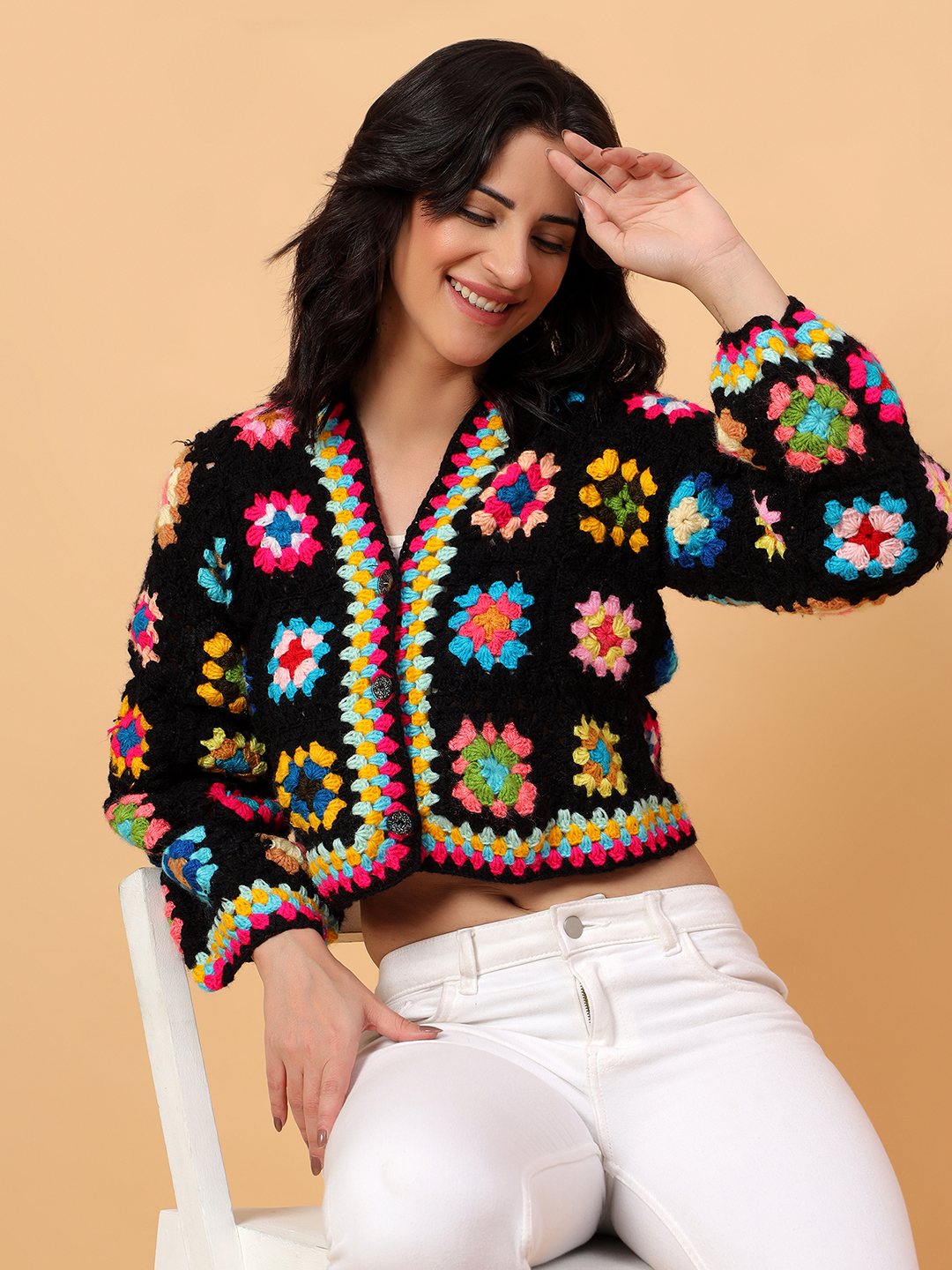 Crochet Floral Crop Cardigan - Black