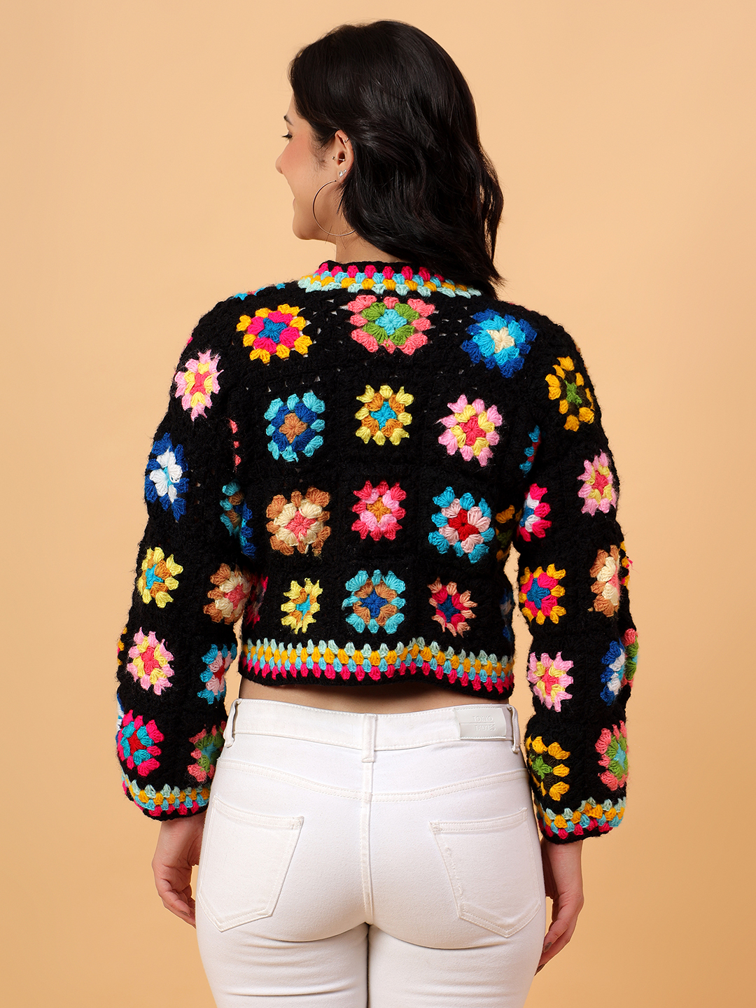 Crochet Floral Crop Cardigan - Black