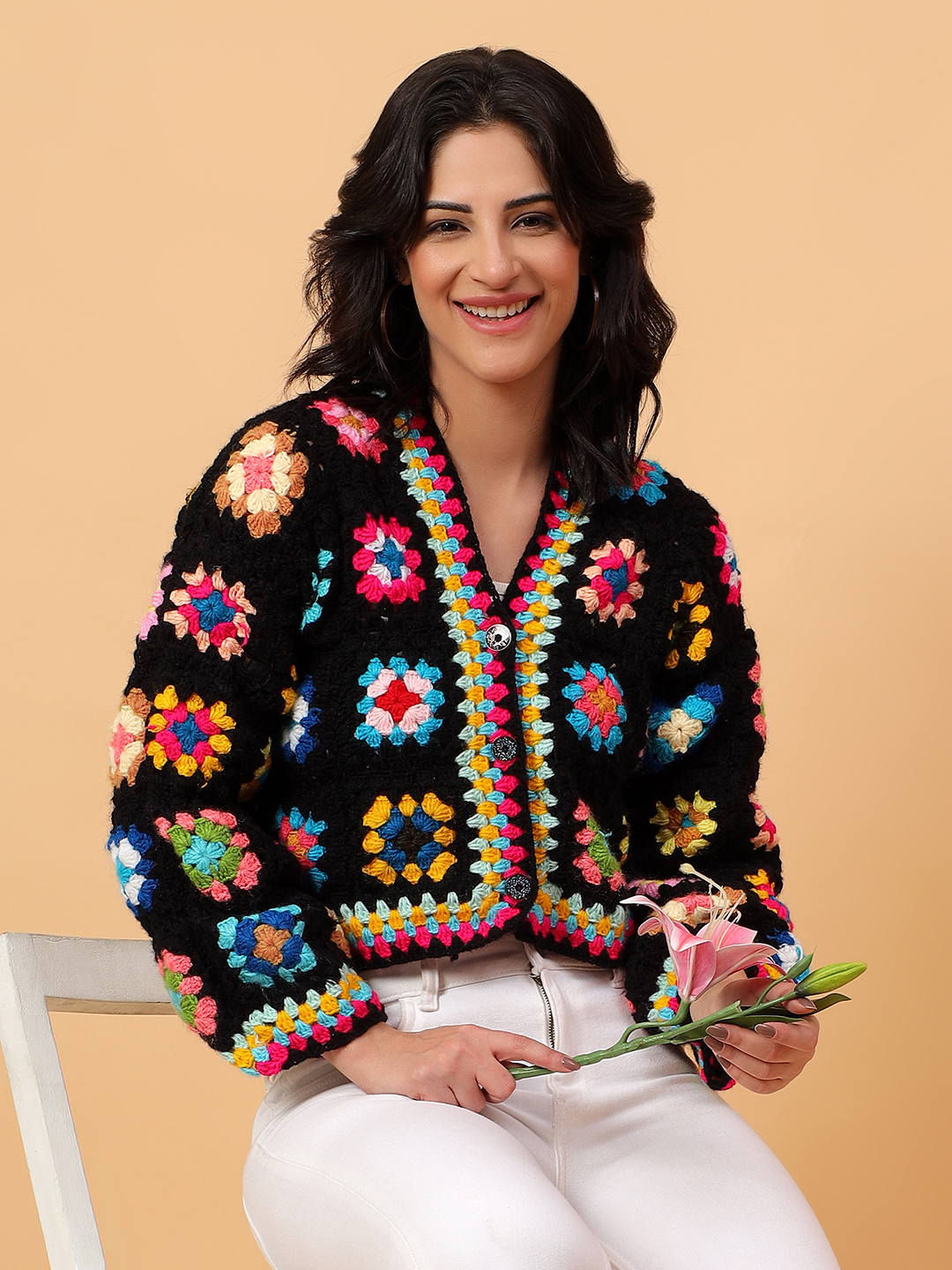 Crochet Floral Crop Cardigan - Black