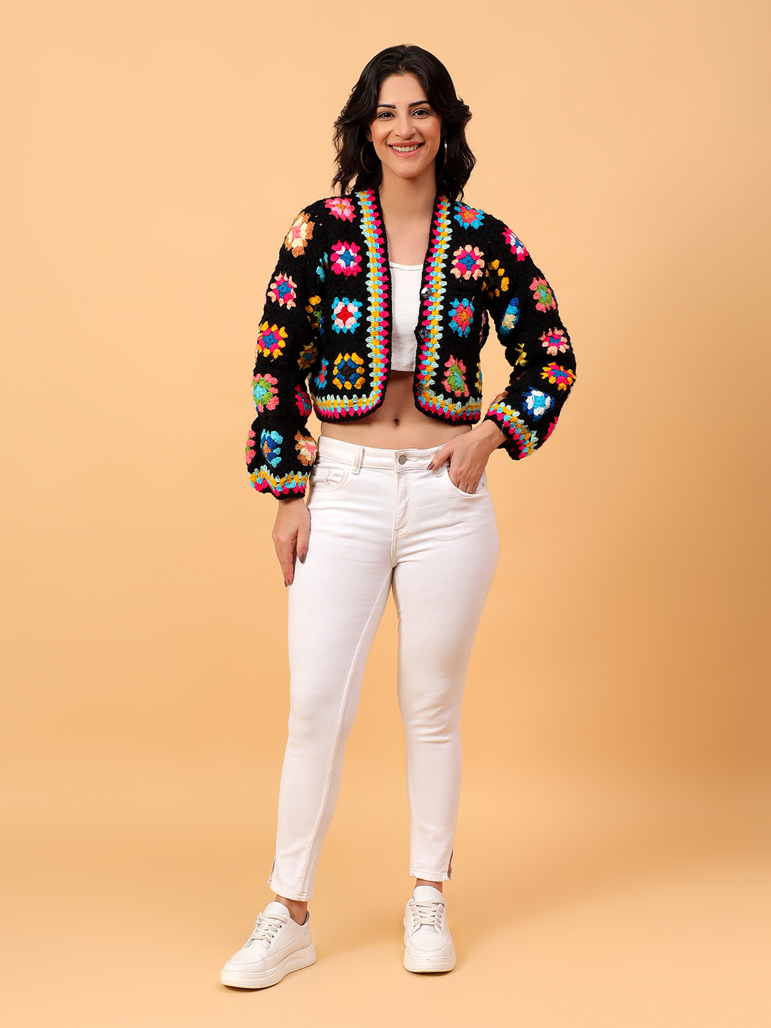 Crochet Floral Crop Cardigan - Black