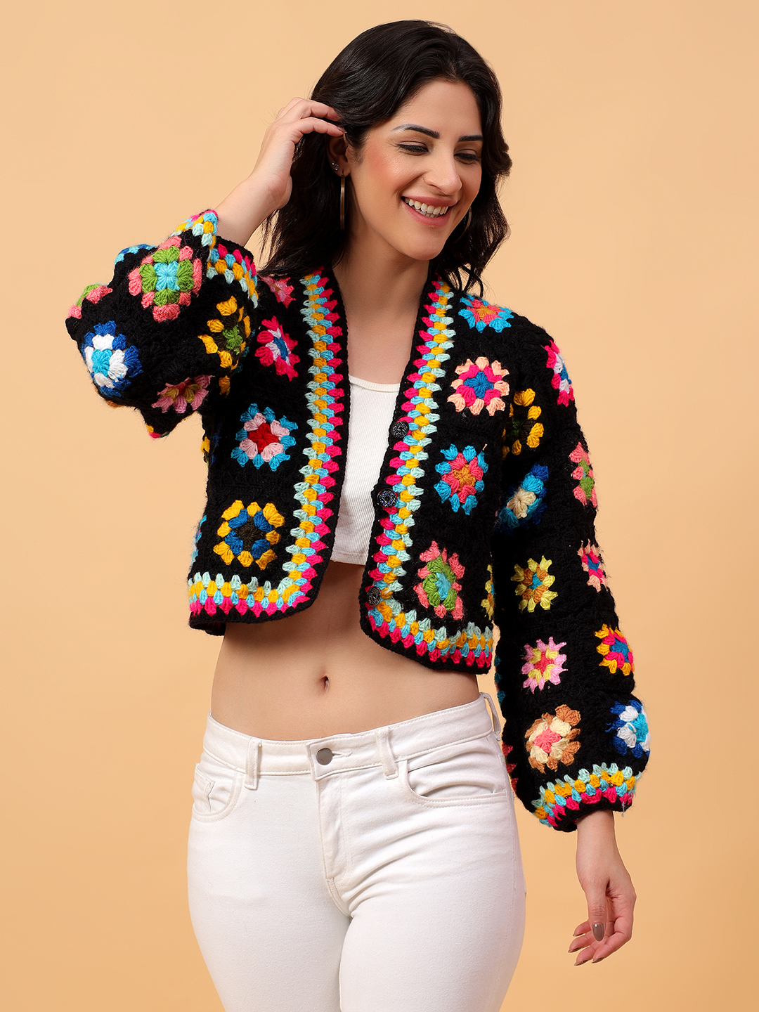Crochet Floral Crop Cardigan - Black