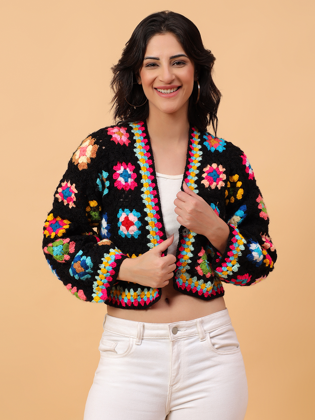 Crochet Floral Crop Cardigan - Black