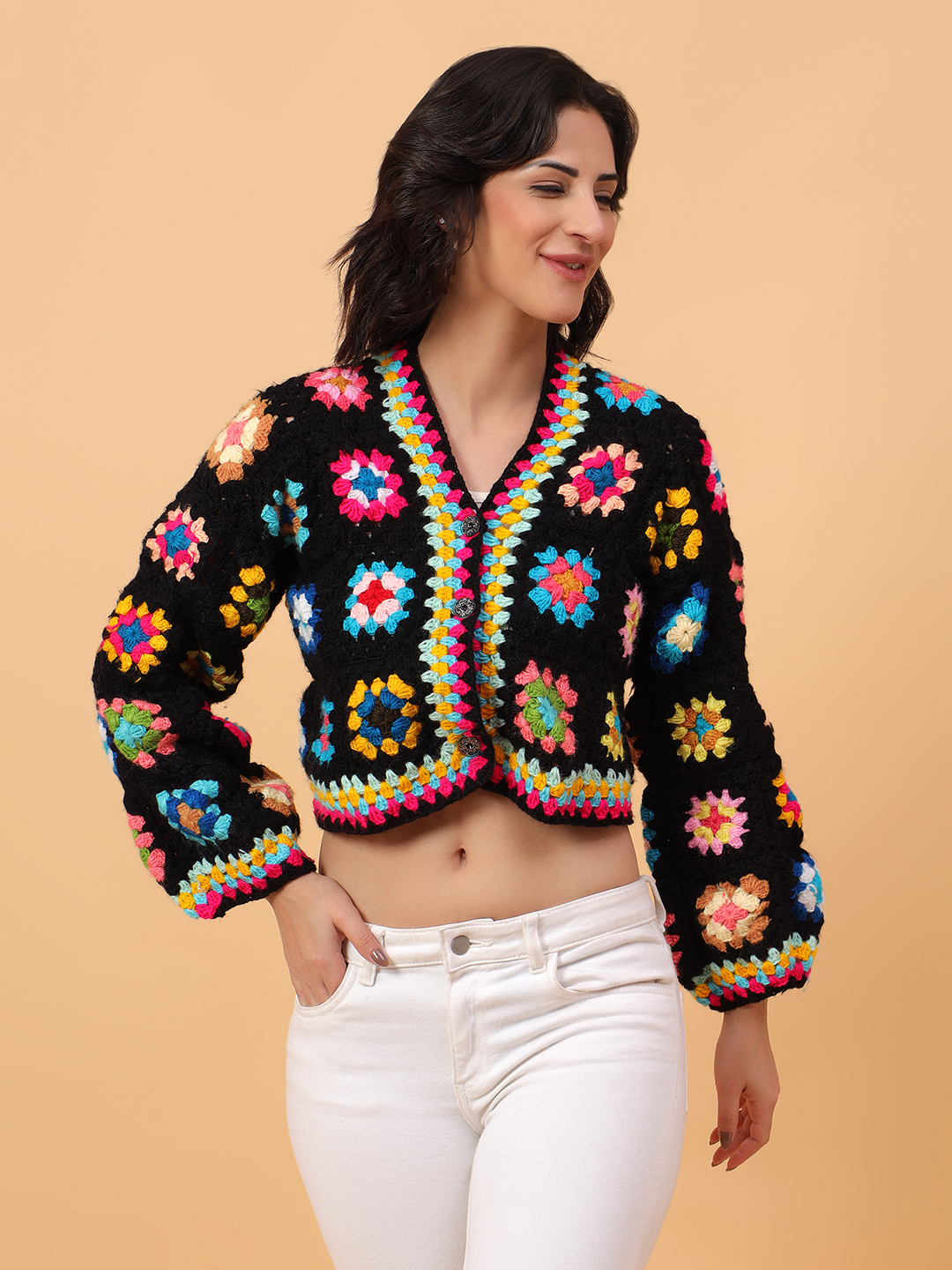 Crochet Floral Crop Cardigan - Black