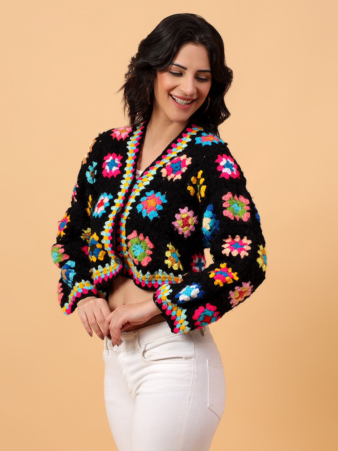 Crochet Floral Crop Cardigan - Black