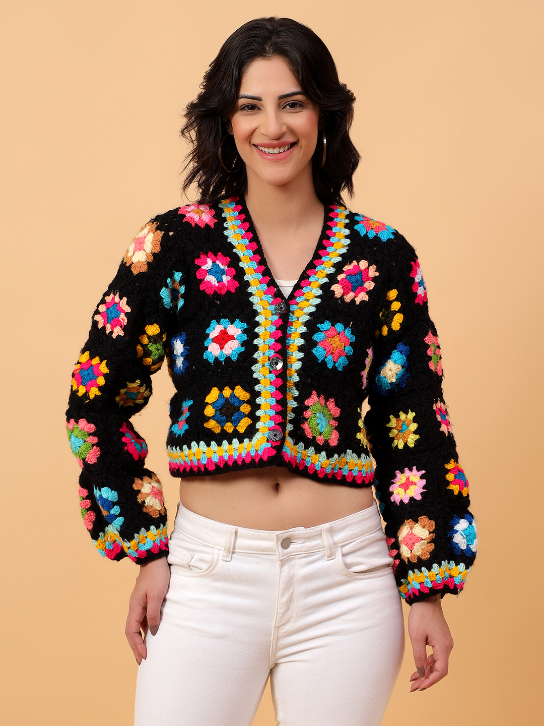 Crochet Floral Crop Cardigan - Black