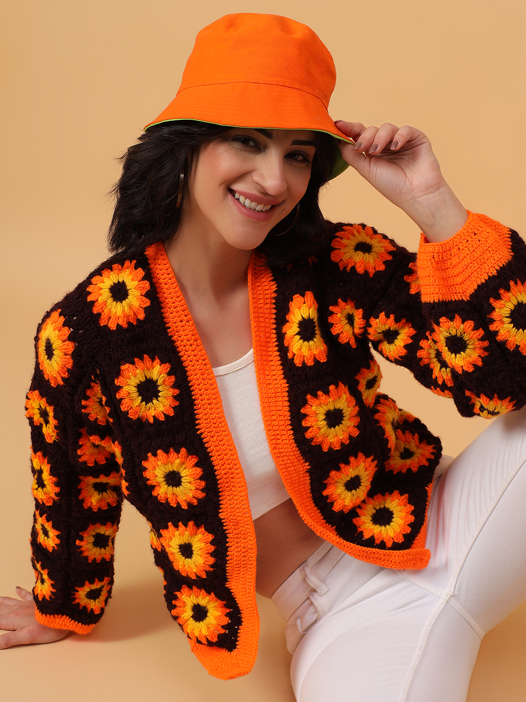 Orange Floral Sunflower Cardigan - Orange