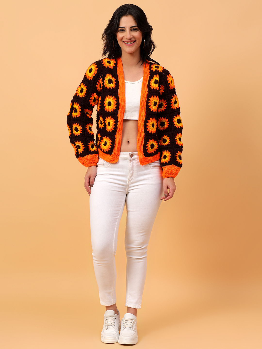 Orange Floral Sunflower Cardigan - Orange