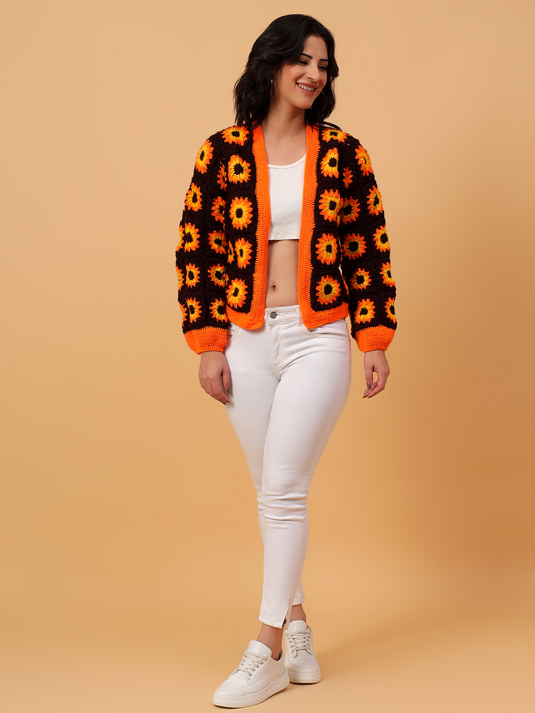 Orange Floral Sunflower Cardigan - Orange